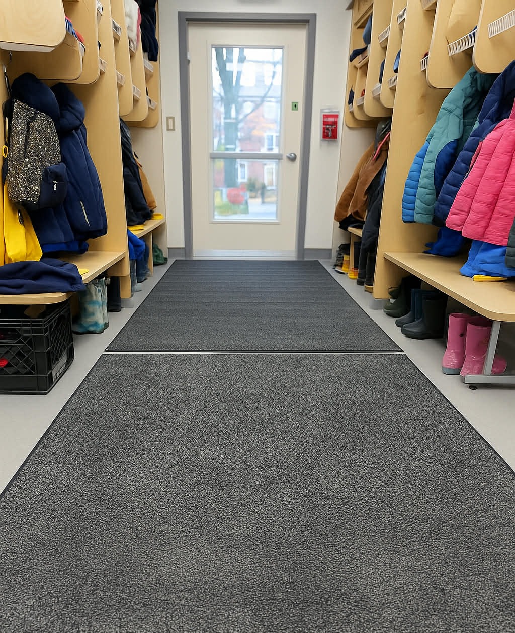 Tapis d'hiver installés dans le corridor d'un CPE